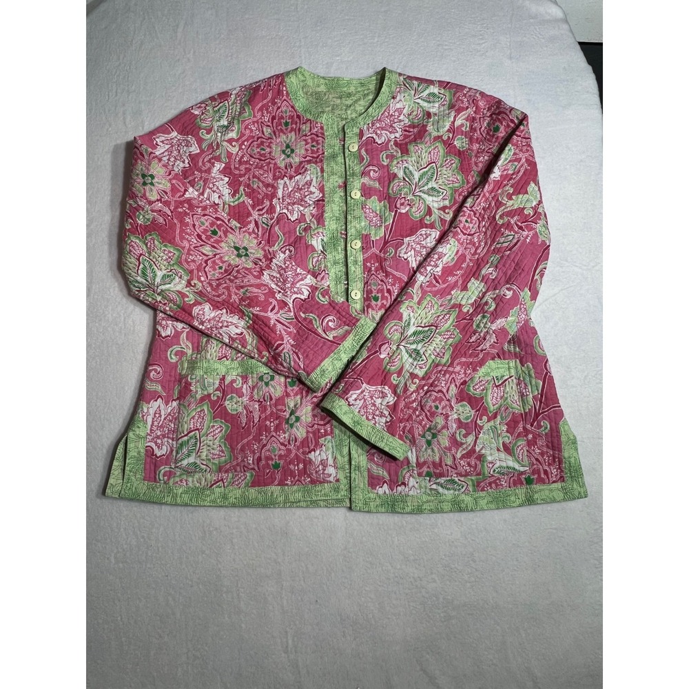 Reversible Quilted Jacket Pink Green Paisley Floral Button Front Lightweight L